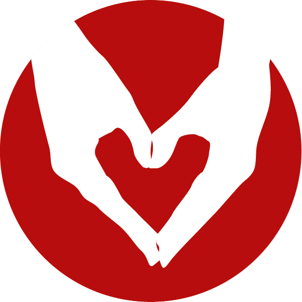 Rund logotype med röd bakgrund och vita händer som formar ett hjärta